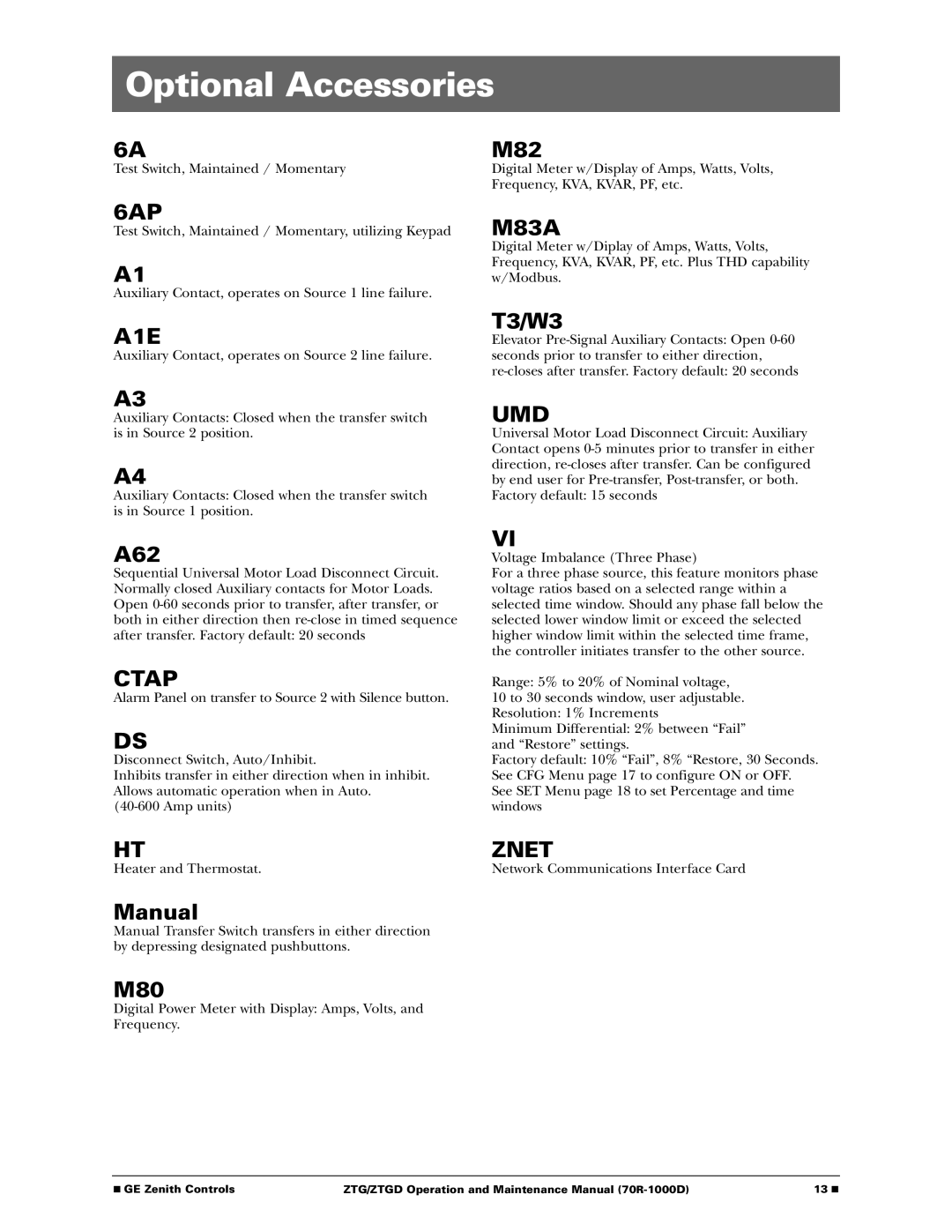 GE 70R-1000D manual Optional Accessories 