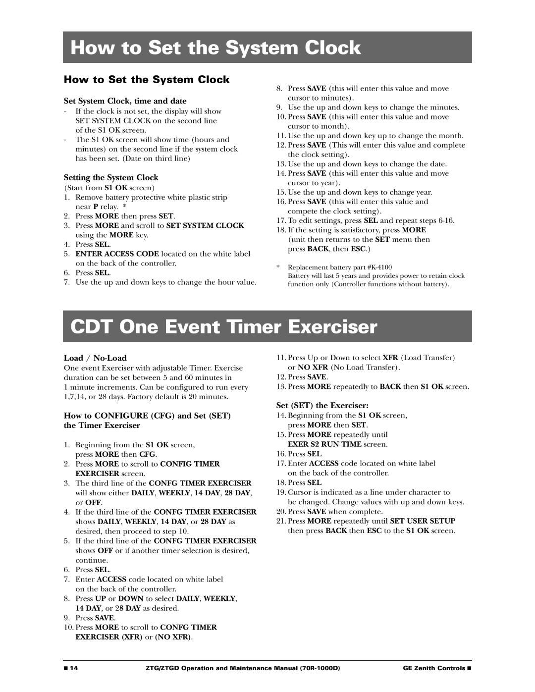 GE 70R-1000D manual How to Set the System Clock, CDT One Event Timer Exerciser 