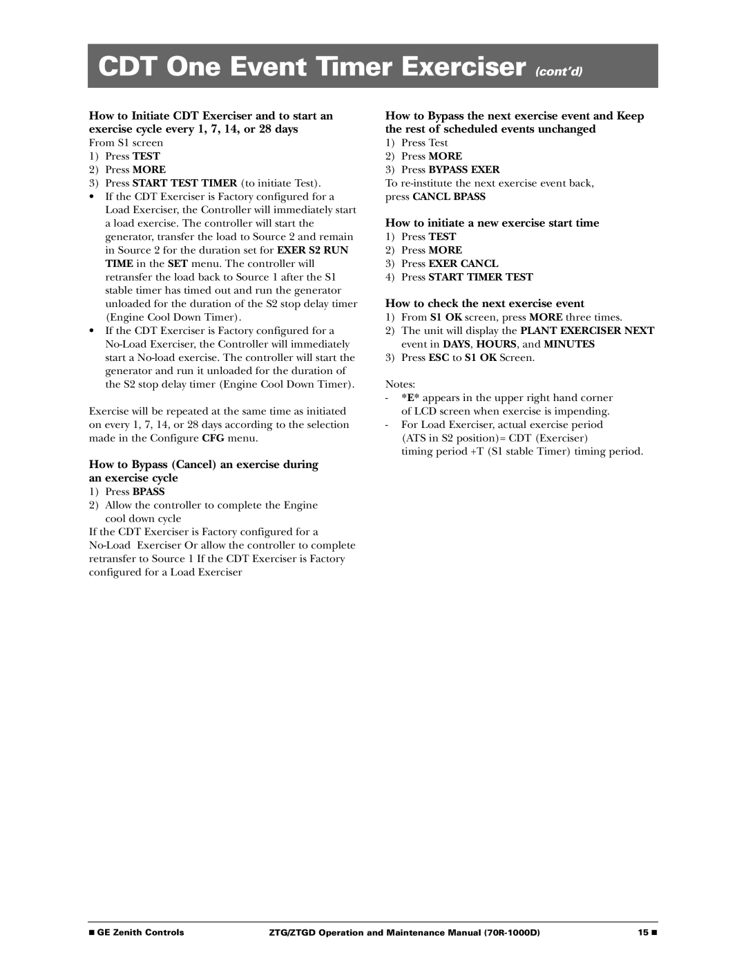 GE 70R-1000D manual CDT One Event Timer Exerciser cont’d, How to Bypass Cancel an exercise during an exercise cycle 