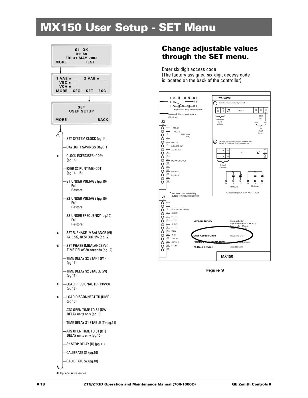 GE 70R-1000D manual MX150 User Setup SET Menu, Change adjustable values through the SET menu 