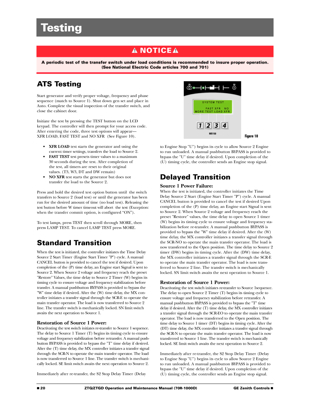 GE 70R-1000D manual ATS Testing, Standard Transition, Delayed Transition 