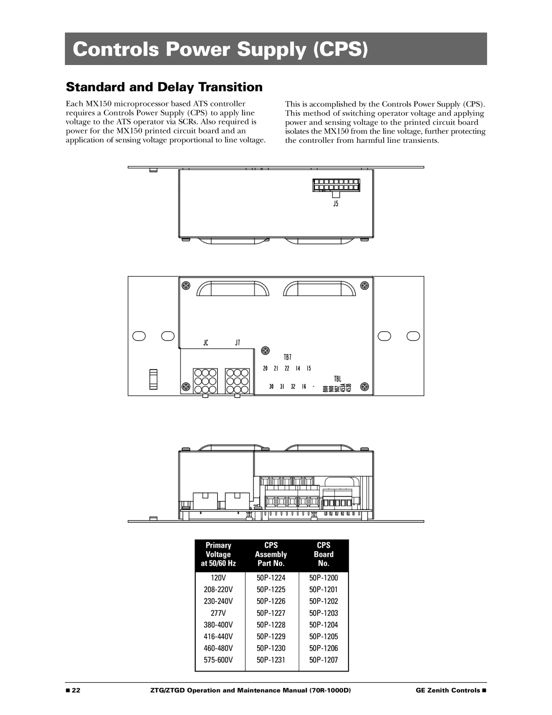 GE 70R-1000D manual Controls Power Supply CPS, Standard and Delay Transition 