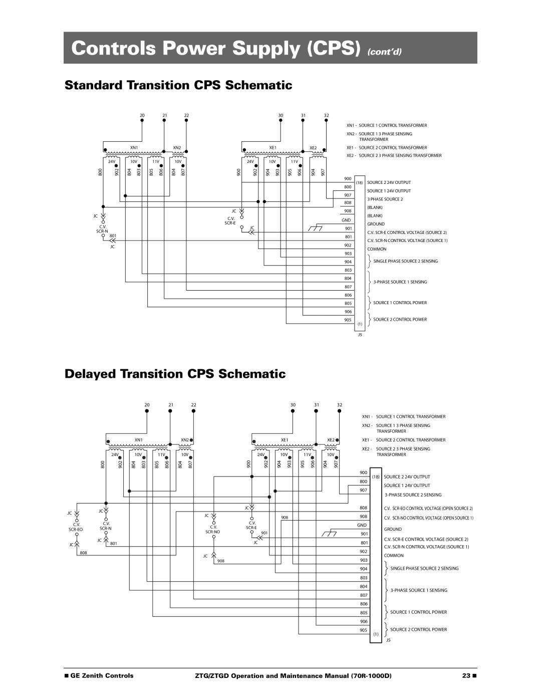 GE 70R-1000D manual Controls Power Supply CPS cont’d, Standard Transition CPS Schematic, Delayed Transition CPS Schematic 