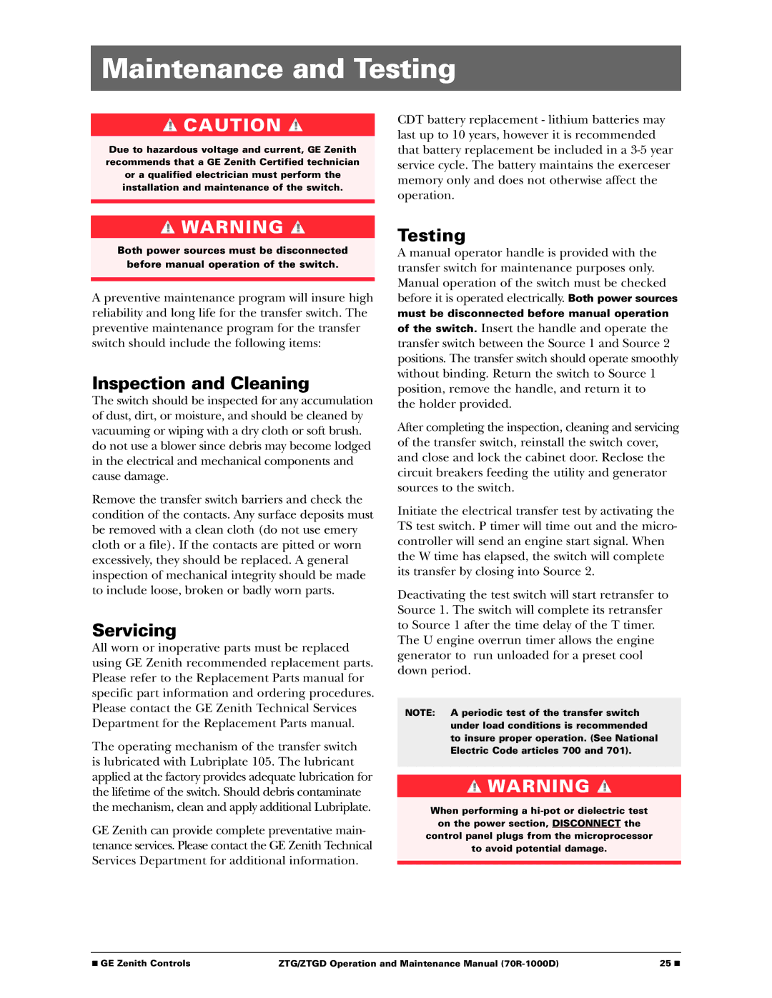 GE 70R-1000D manual Maintenance and Testing, Inspection and Cleaning, Servicing 