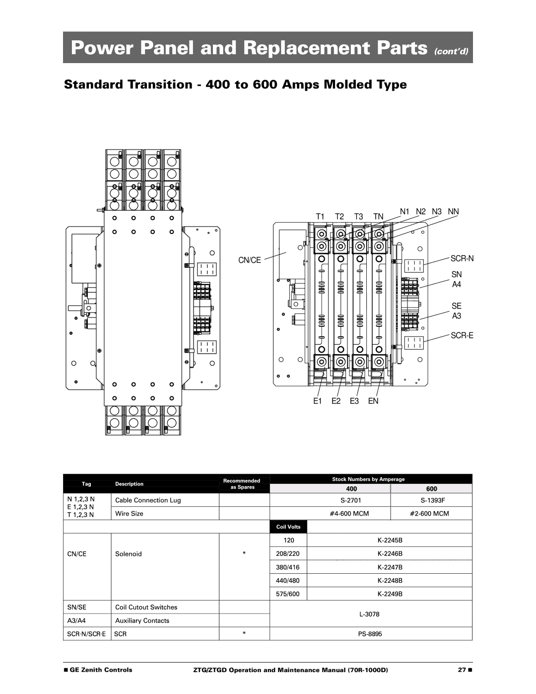 GE 70R-1000D manual Power Panel and Replacement Parts cont’d, Standard Transition 400 to 600 Amps Molded Type 