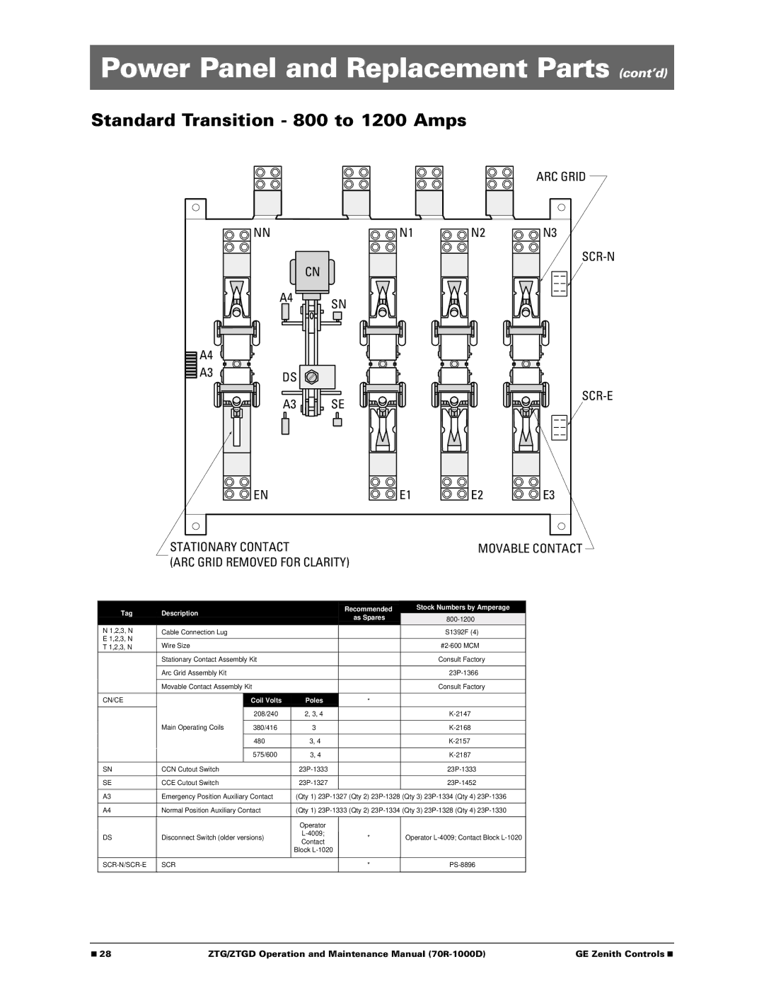 GE 70R-1000D manual Standard Transition 800 to 1200 Amps, ARC Grid Removed for Clarity 