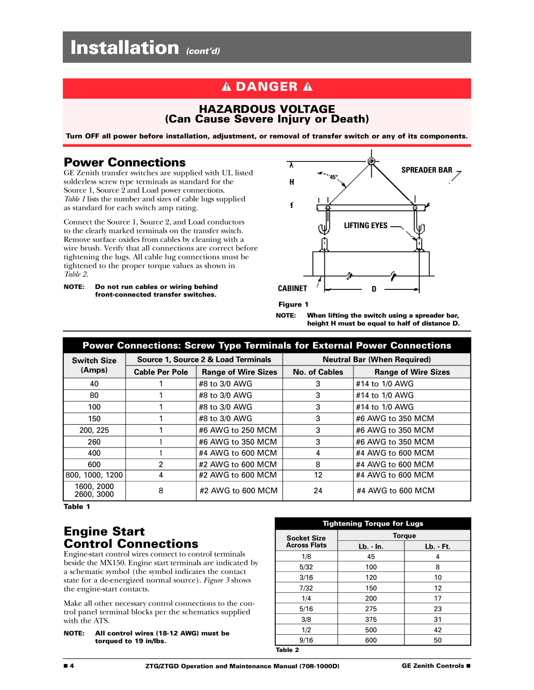 GE 70R-1000D manual Installation cont’d, Power Connections, Engine Start Control Connections 