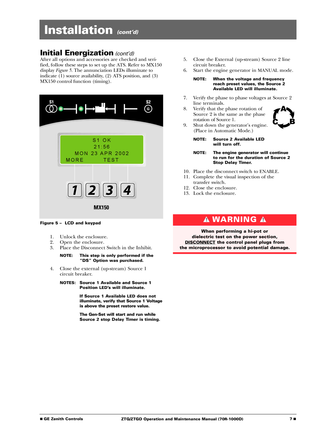 GE 70R-1000D manual Initial Energization cont’d, R E T E S T 