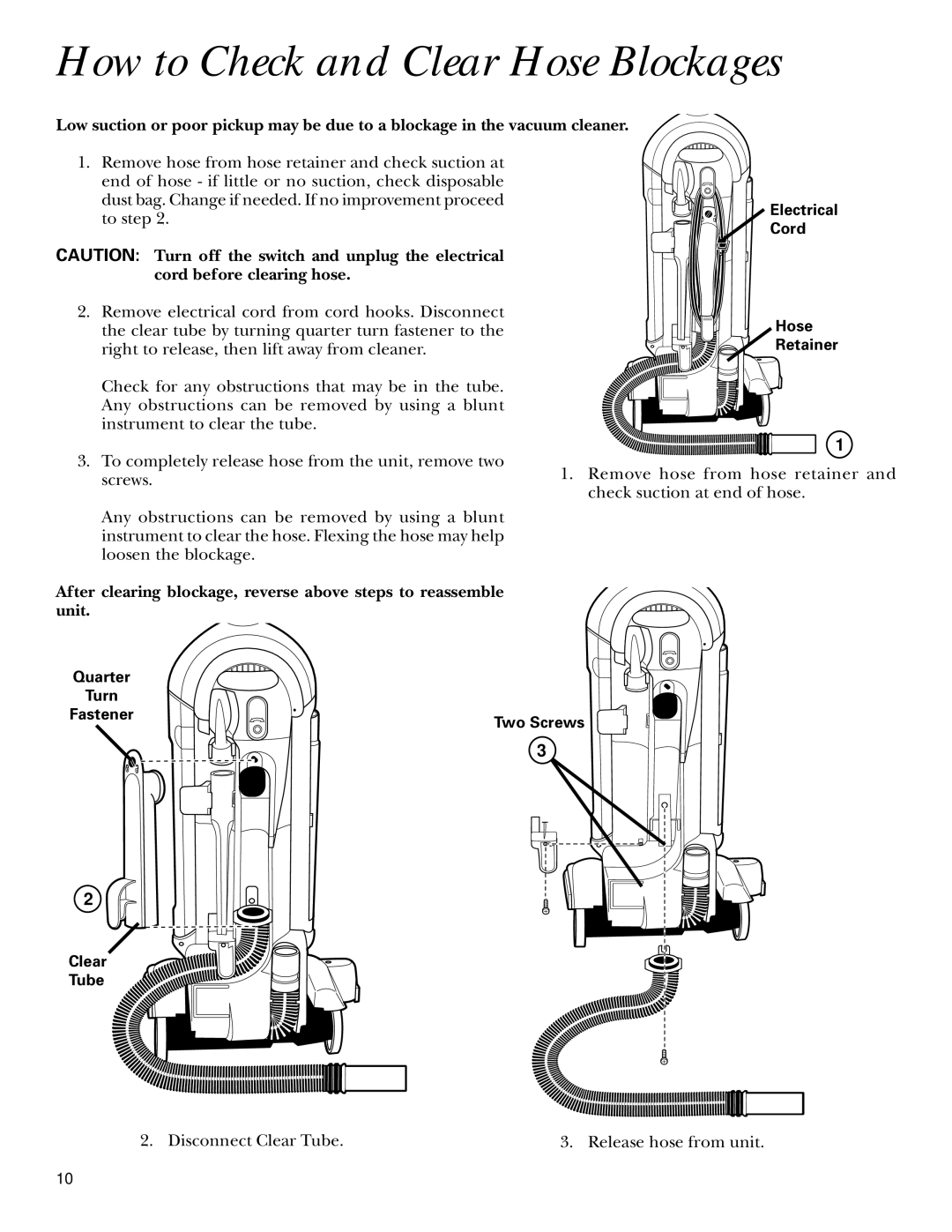 GE 71045, 106575 warranty Disconnect Clear Tube Release hose from unit 