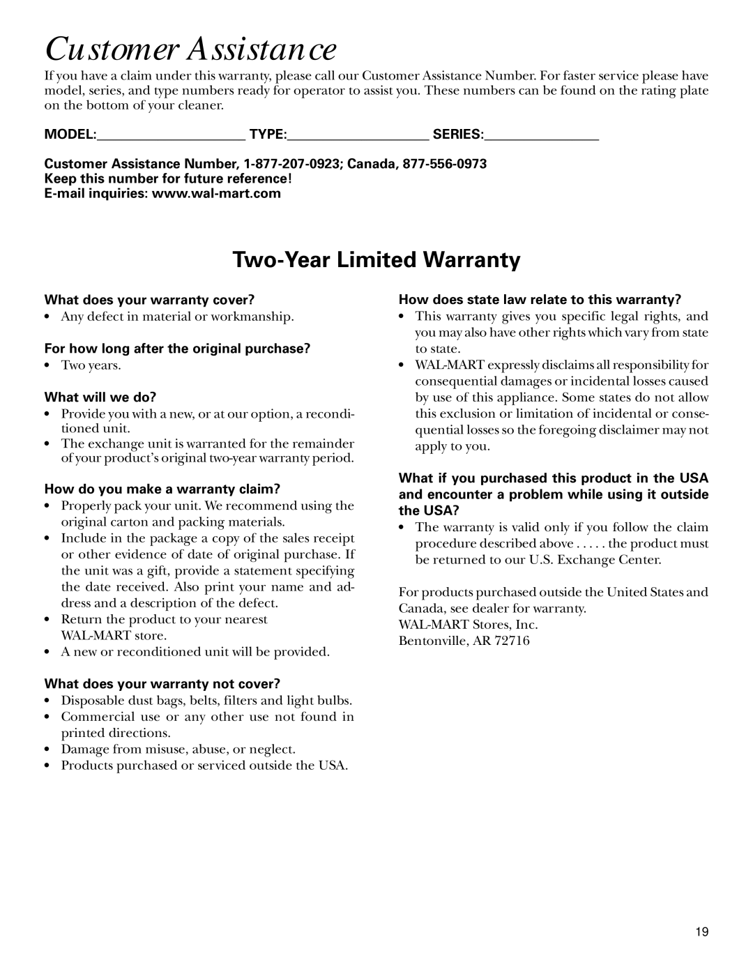 GE 106575, 71045 warranty Customer Assistance, Two-Year Limited Warranty 