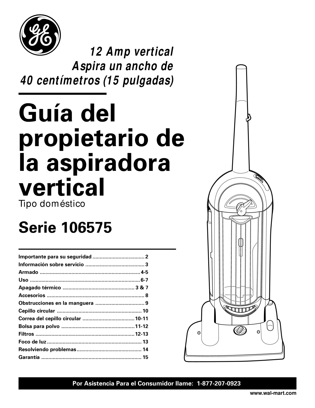 GE 106575, 71045 warranty Guía del propietario de la aspiradora vertical 