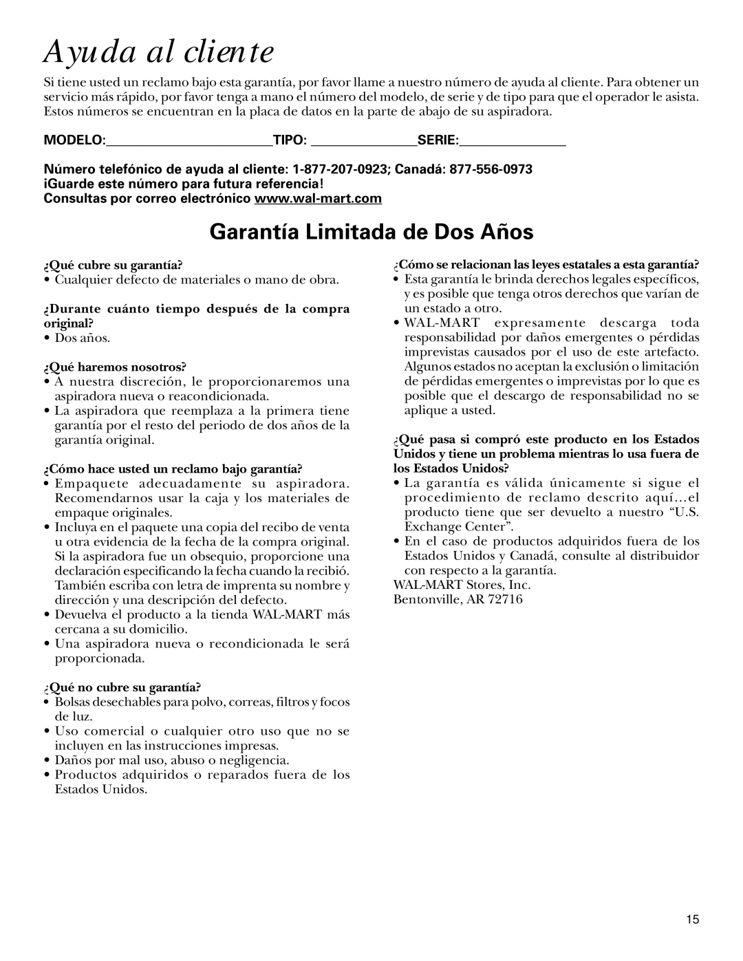 GE 106575, 71045 warranty Ayuda al cliente, Garantía Limitada de Dos Años 