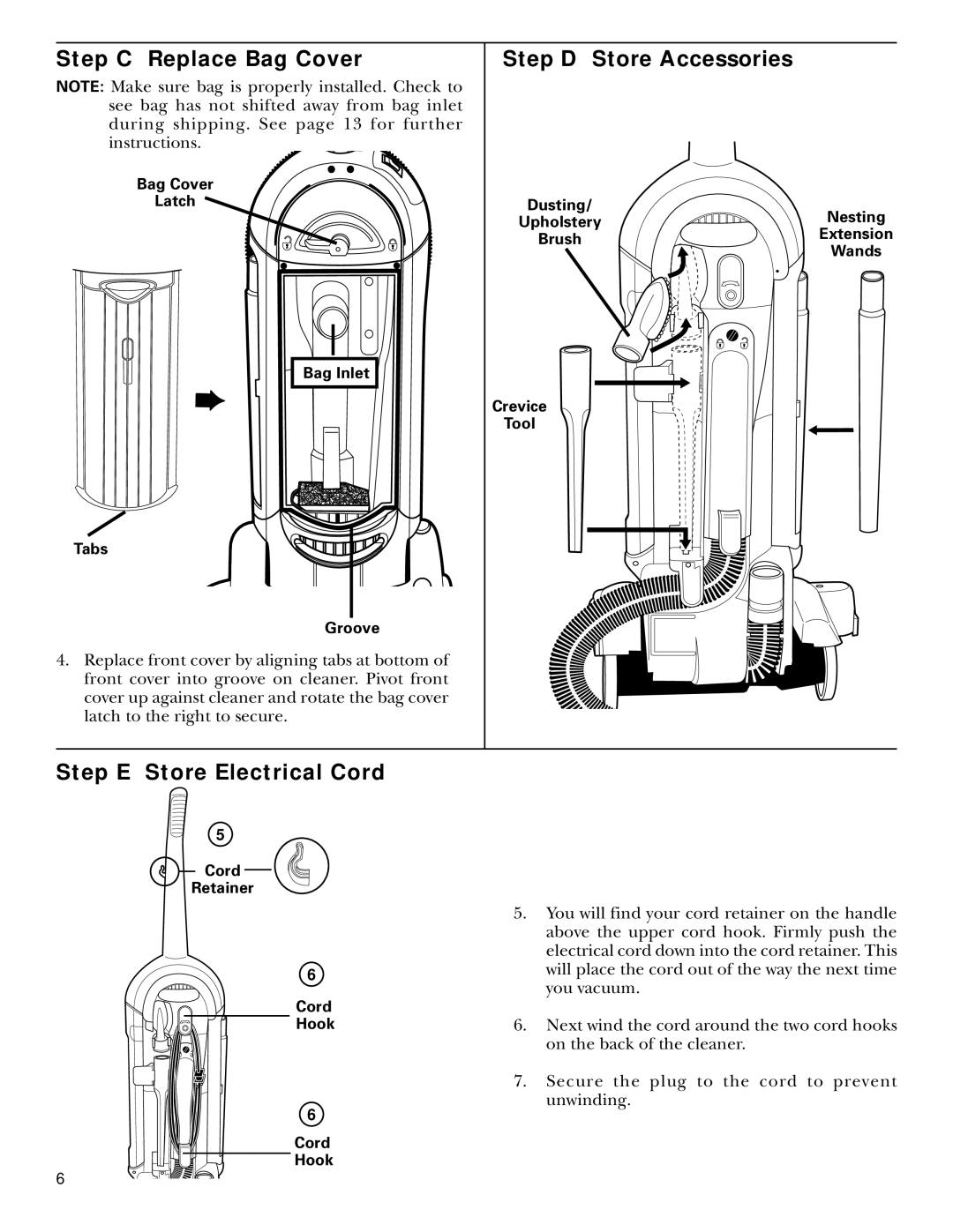 GE 71045, 106575 warranty Step C Replace Bag Cover, Step D Store Accessories, Step E Store Electrical Cord 