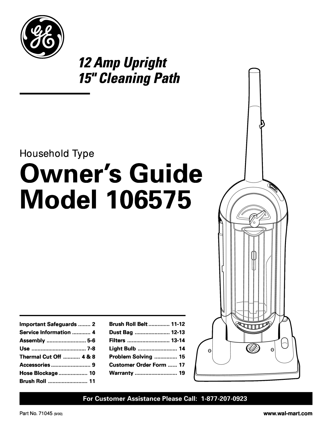 GE 106575 warranty Owner’s Guide Model, Household Type, For Customer Assistance Please Call, Important Safeguards, 11-12 