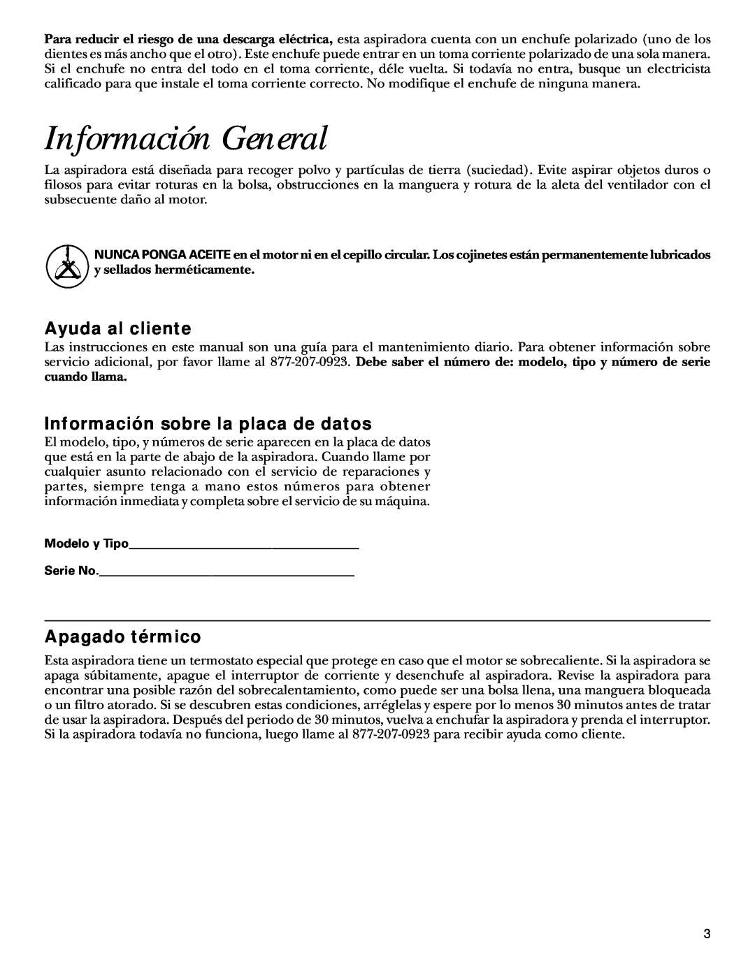 GE 106575, 71045 warranty Información General, Ayuda al cliente, Información sobre la placa de datos, Apagado térmico 