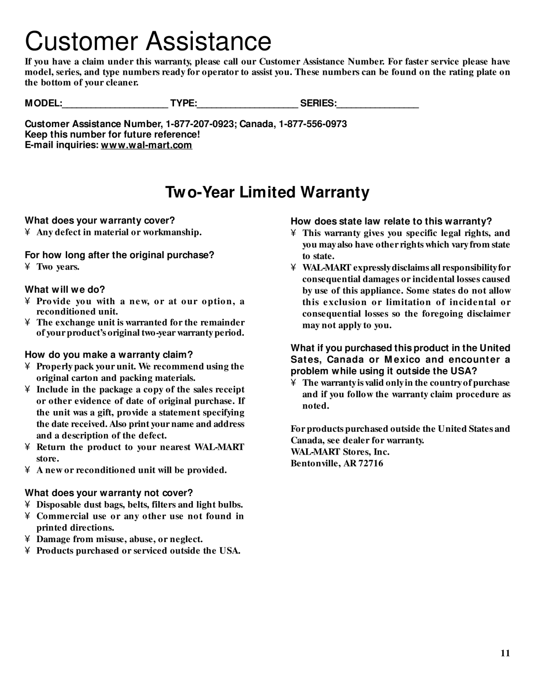 GE 106679, 71271 warranty Customer Assistance, Two-Year Limited Warranty 