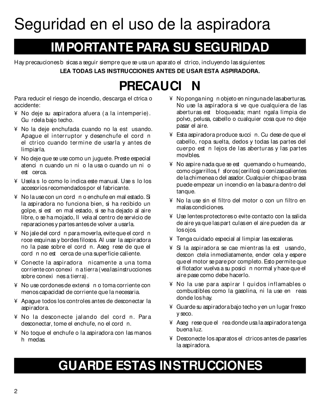 GE 71271, 106679 warranty Seguridad en el uso de la aspiradora, Importante Para SU Seguridad 