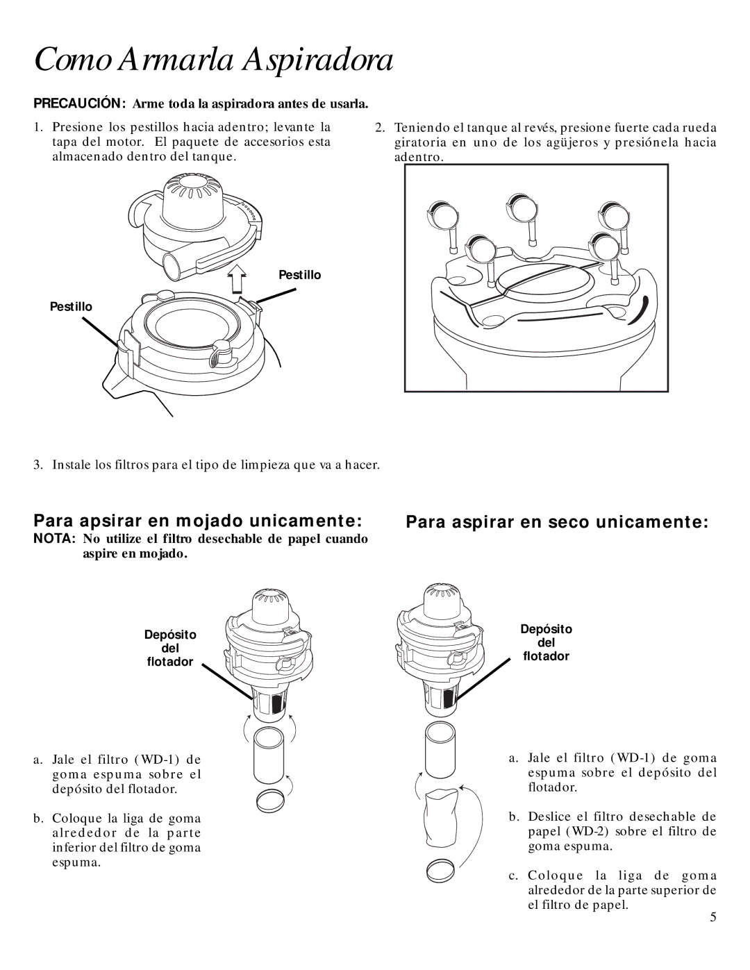 GE 106679, 71271 warranty Como Armarla Aspiradora, Para apsirar en mojado unicamente, Para aspirar en seco unicamente 