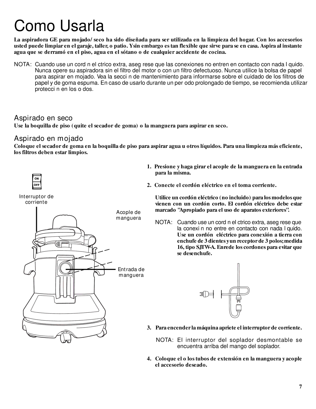 GE 106679, 71271 warranty Como Usarla, Aspirado en seco, Aspirado en mojado 