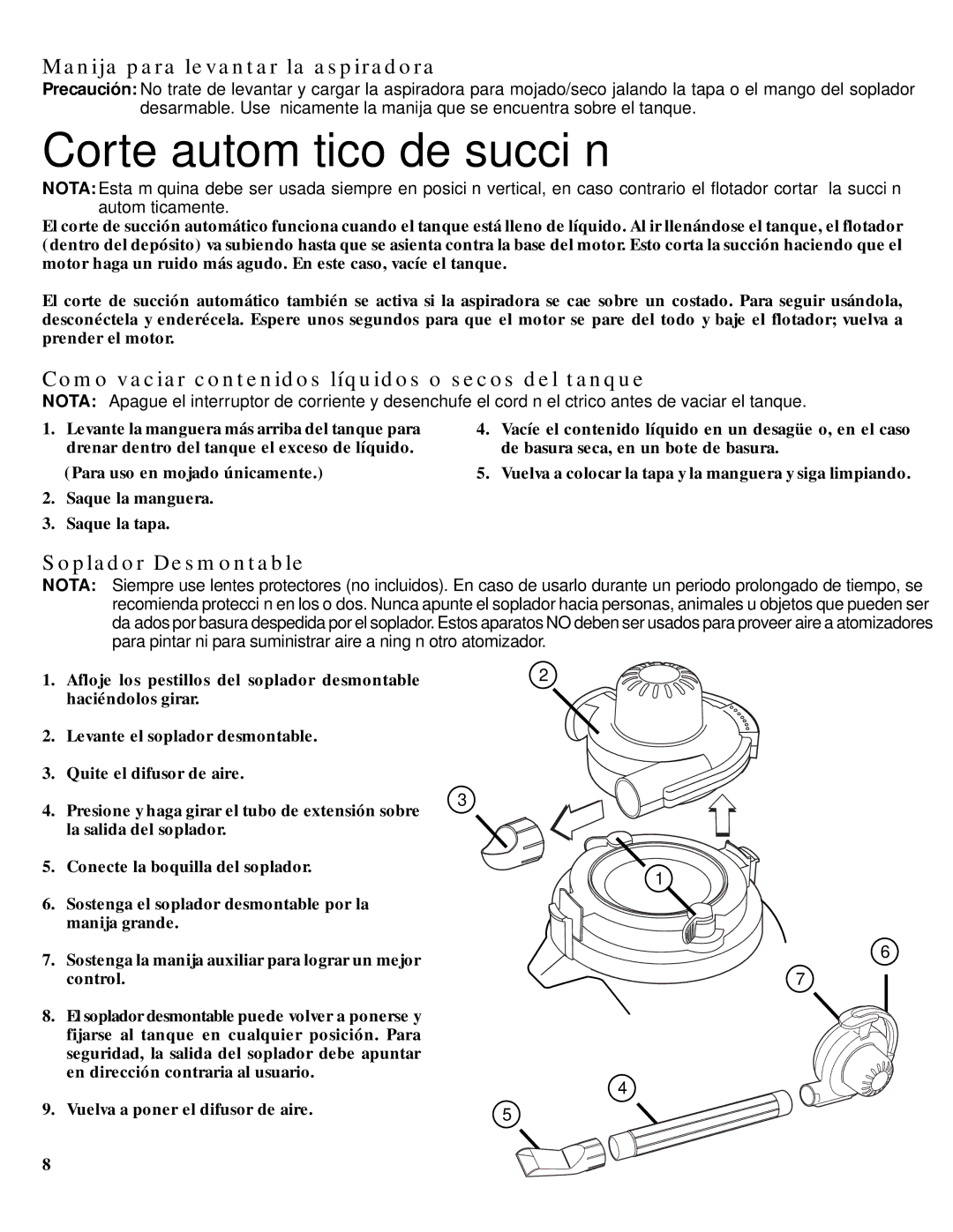 GE 71271, 106679 warranty Corte automático de succión, Manija para levantar la aspiradora, Soplador Desmontable 