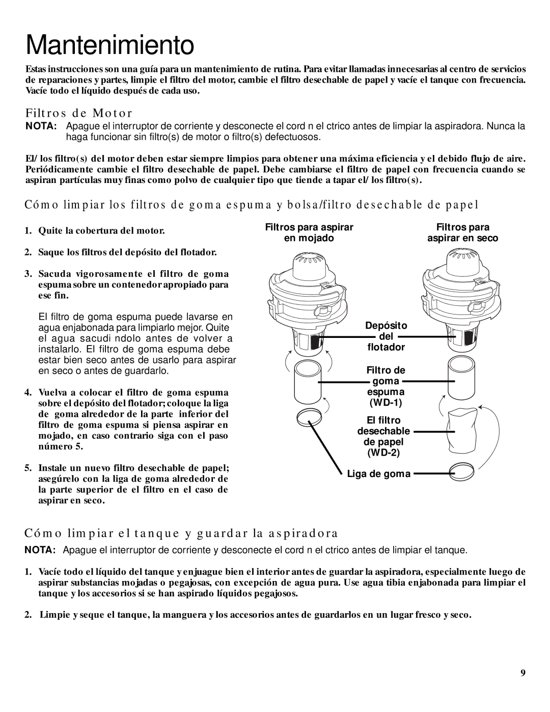 GE 106679, 71271 warranty Mantenimiento, Filtros de Motor, Cómo limpiar el tanque y guardar la aspiradora 