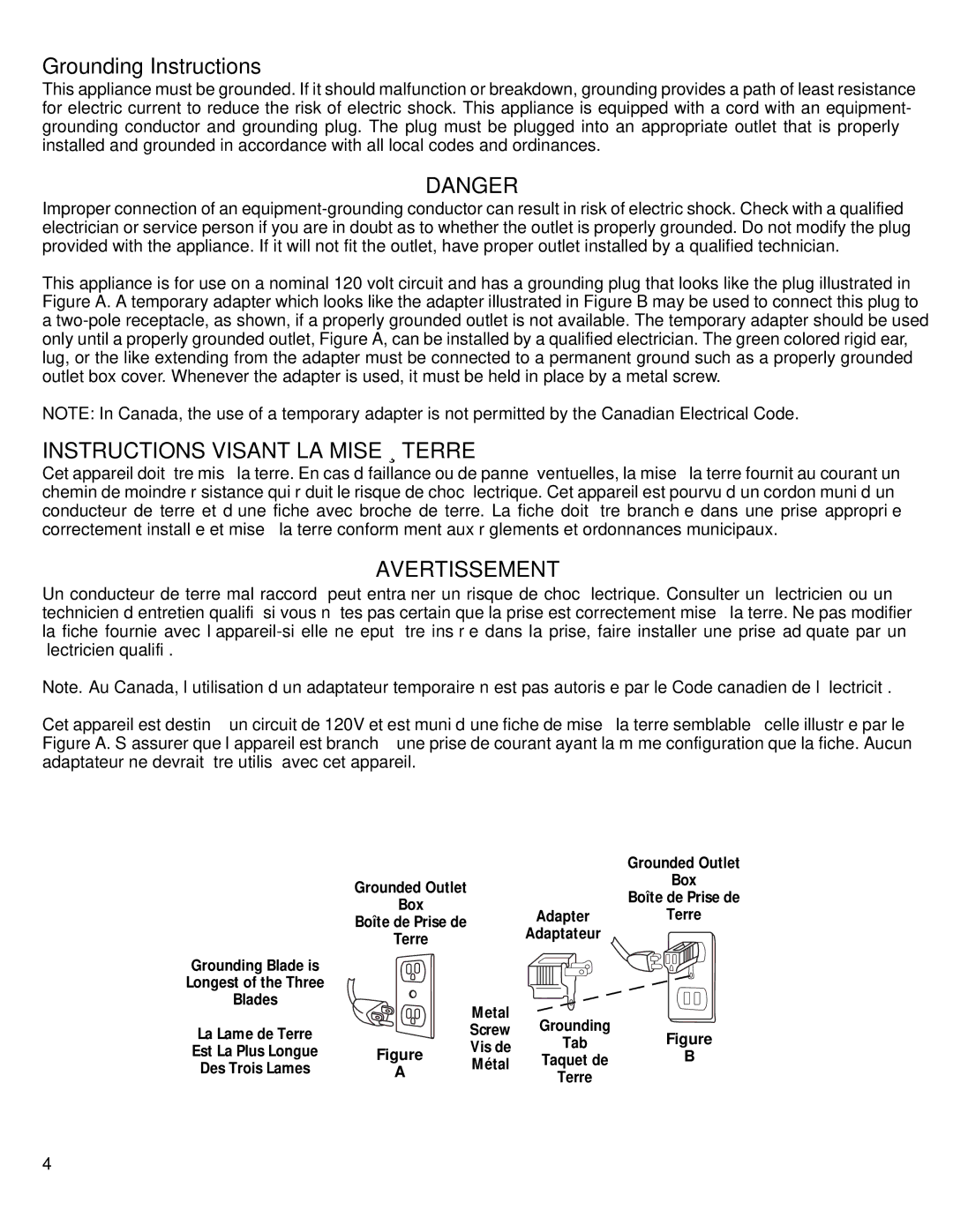 GE 71271, 106679 warranty Grounding Instructions, Instructions Visant LA Mise À Terre 