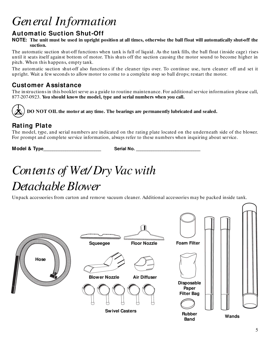 GE 106679, 71271 warranty General Information, Contents of Wet/Dry Vac with Detachable Blower 