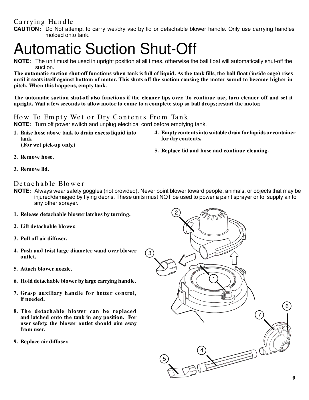 GE 106679 Automatic Suction Shut-Off, Carrying Handle, How To Empty Wet or Dry Contents From Tank, Detachable Blower 