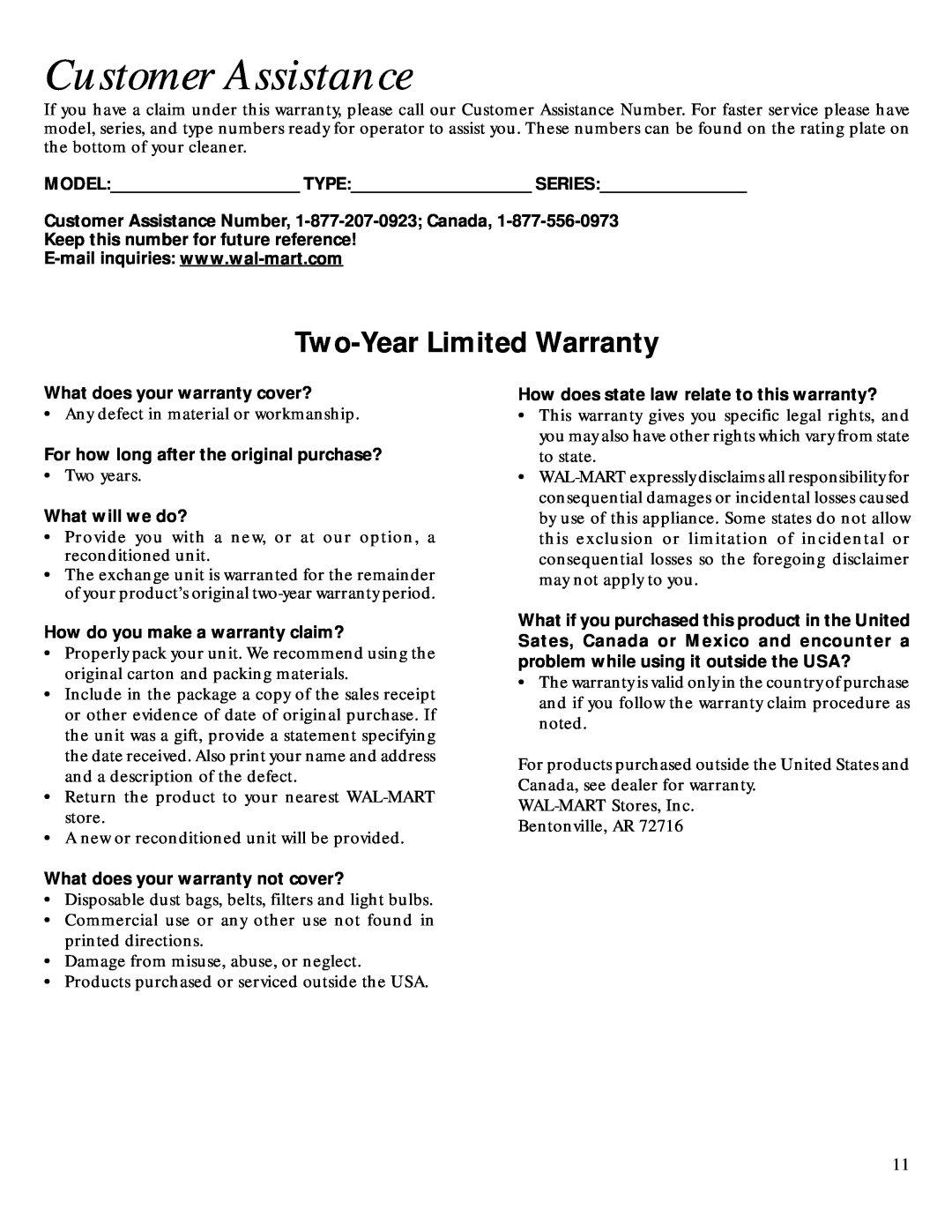GE 106679, 71271 warranty Customer Assistance, Two-YearLimited Warranty 