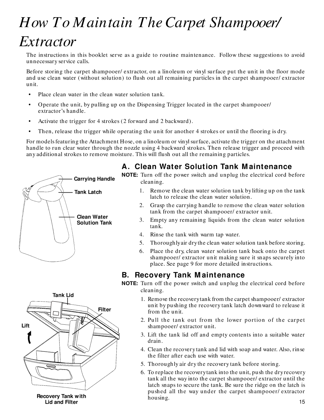 GE 71722 How To Maintain The Carpet Shampooer/ Extractor, Clean Water Solution Tank Maintenance, Recovery Tank Maintenance 