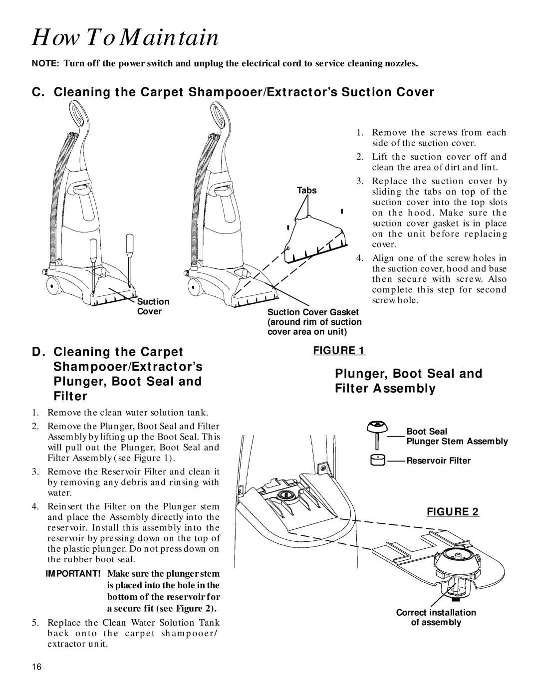 GE 71722 How To Maintain, Cleaning the Carpet Shampooer/Extractor’s Suction Cover, Plunger, Boot Seal and Filter Assembly 