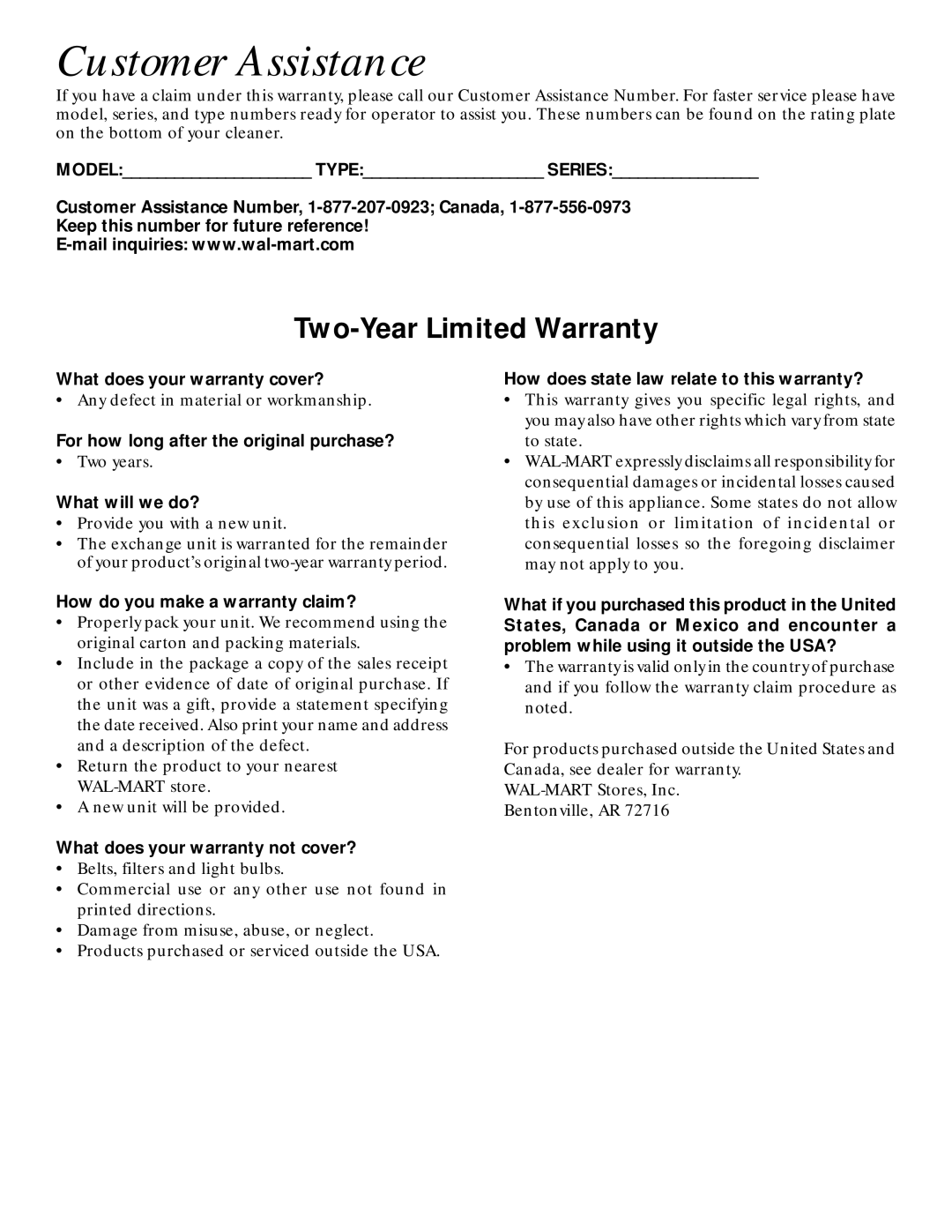 GE 71722 warranty Customer Assistance, Two-Year Limited Warranty 