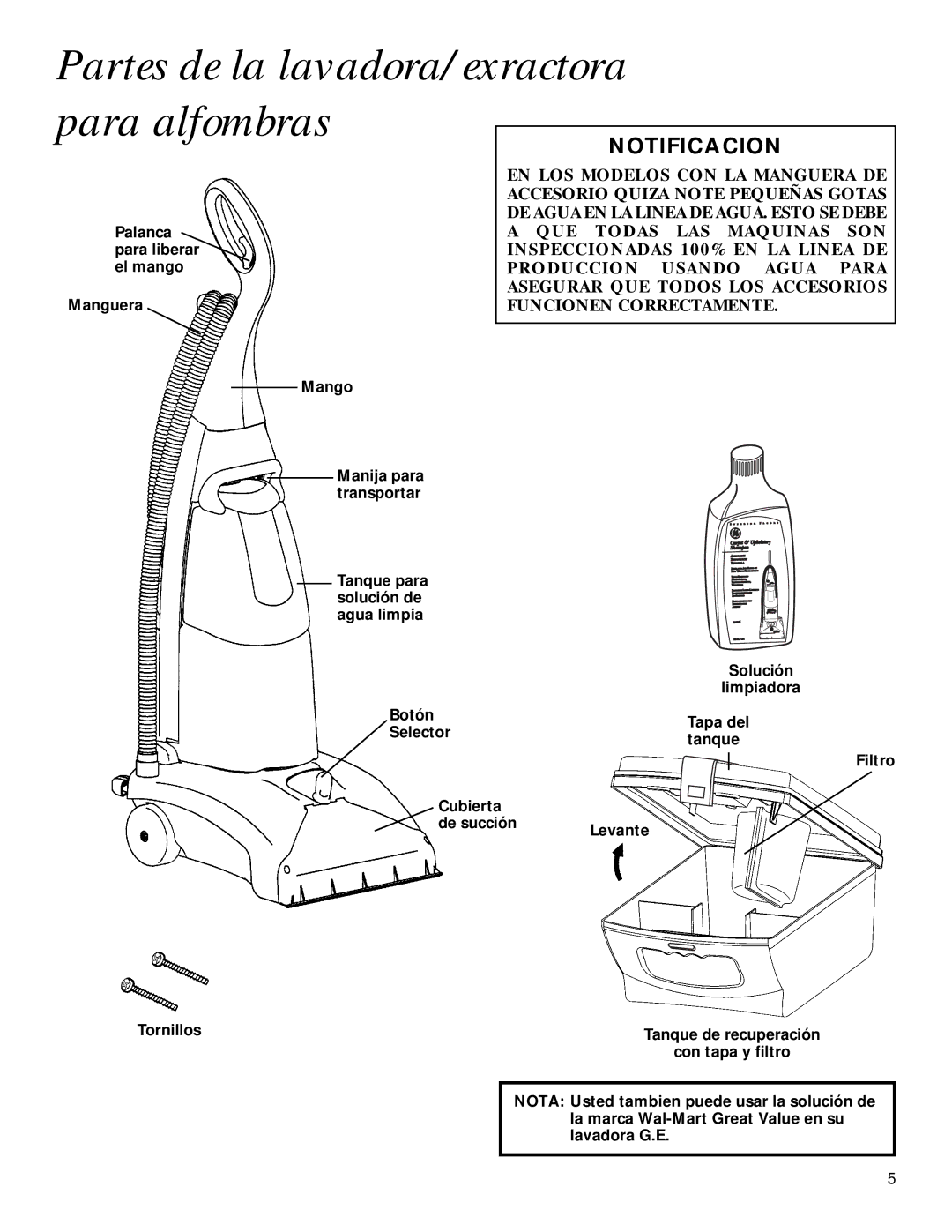 GE 71722 warranty Partes de la lavadora/exractora 