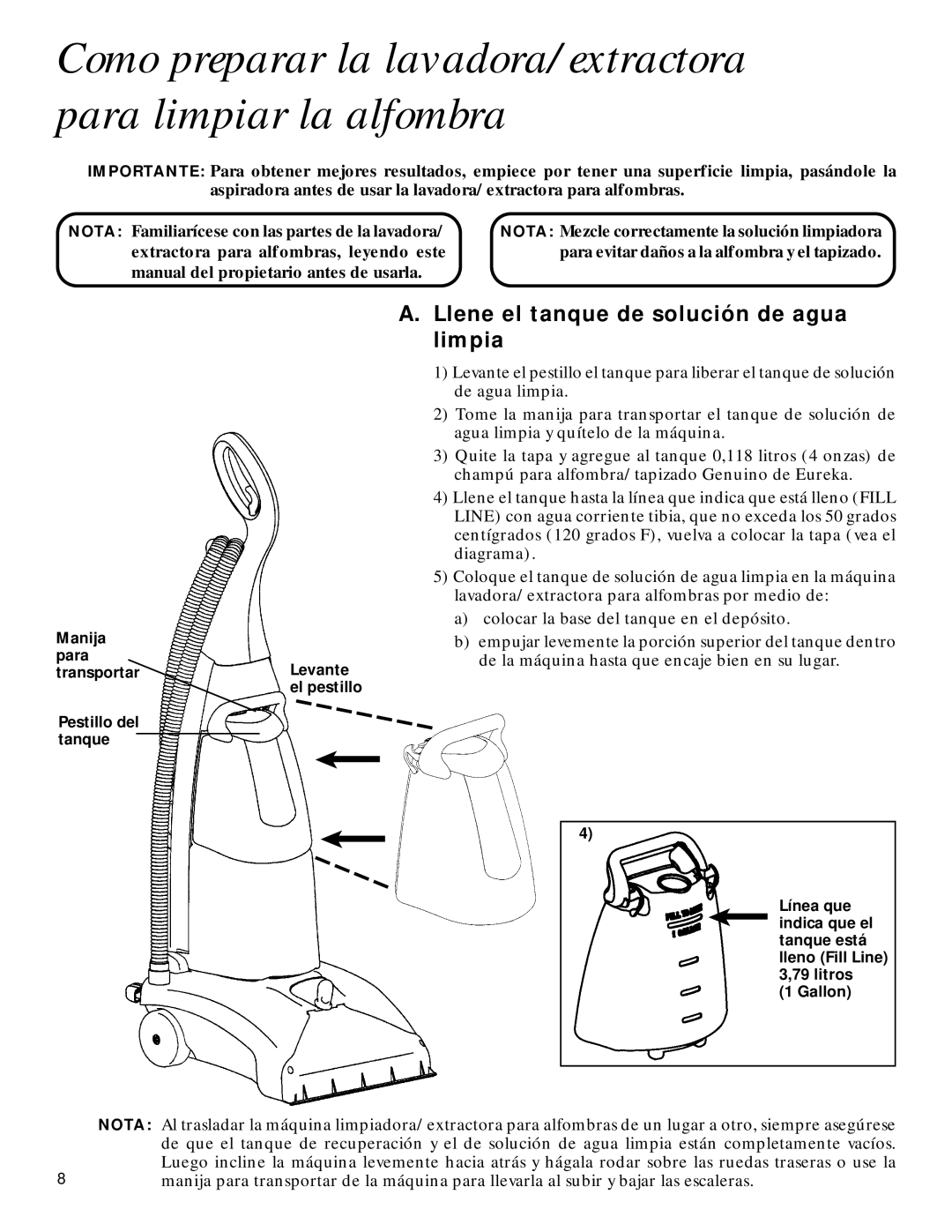 GE 71722 warranty Llene el tanque de solución de agua limpia 