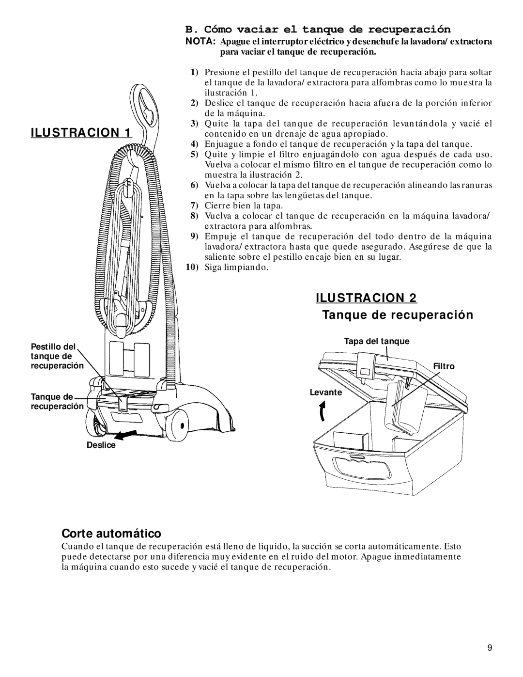 GE 71722 warranty Tanque de recuperación, Corte automático 