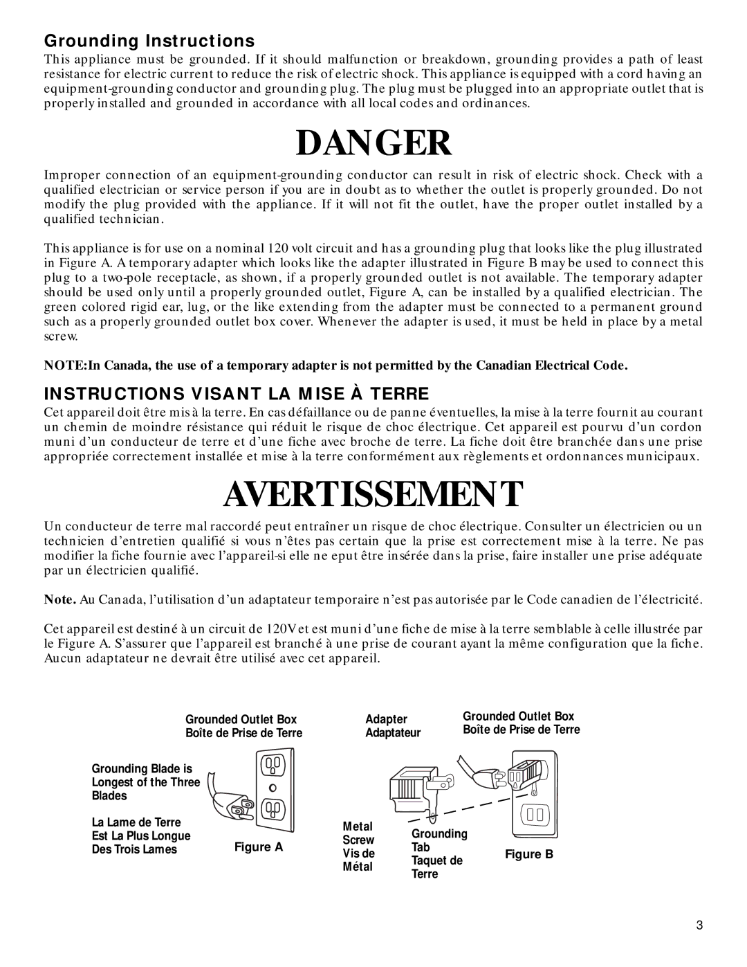 GE 71722 warranty Grounding Instructions, Instructions Visant LA Mise À Terre 