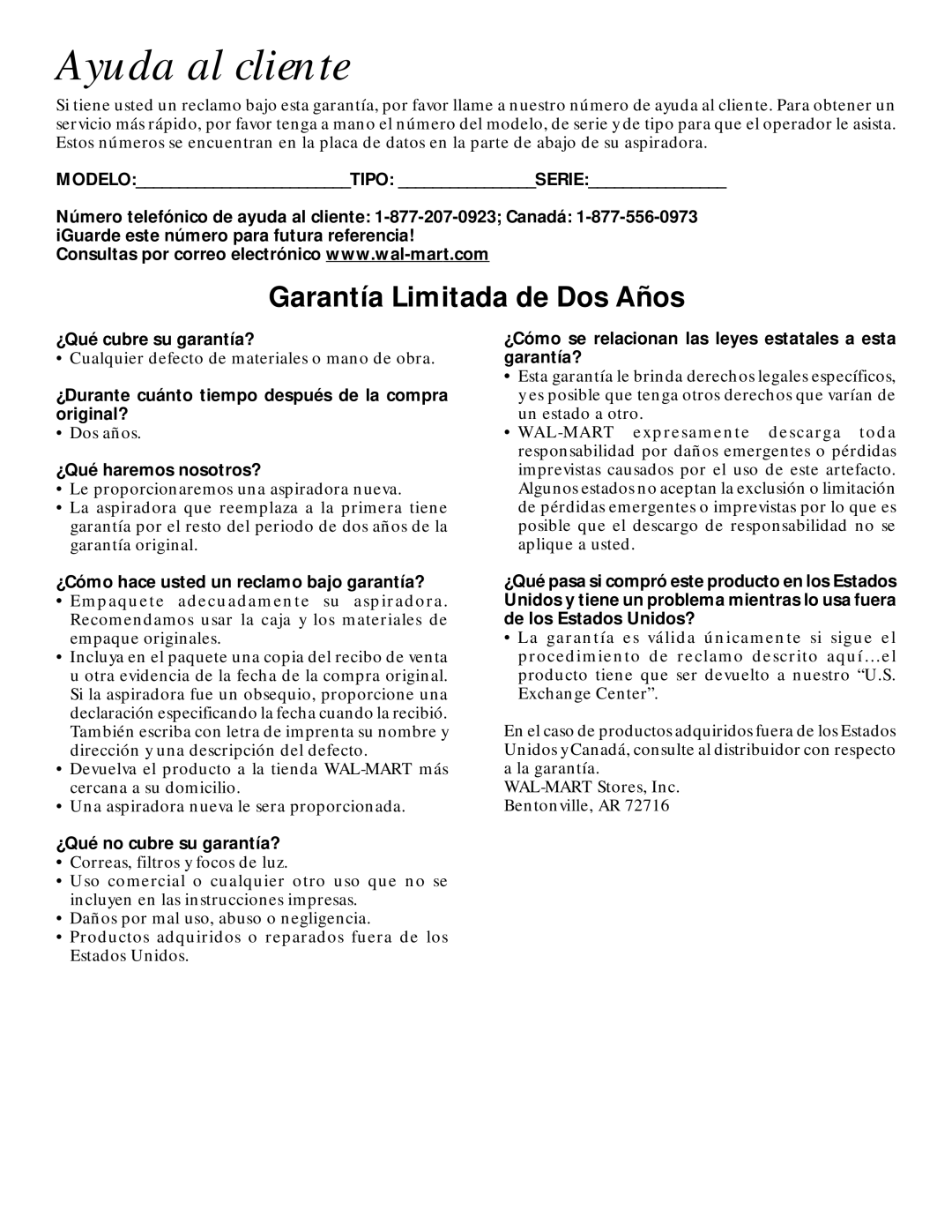 GE 71722 warranty Ayuda al cliente, Garantía Limitada de Dos Años 