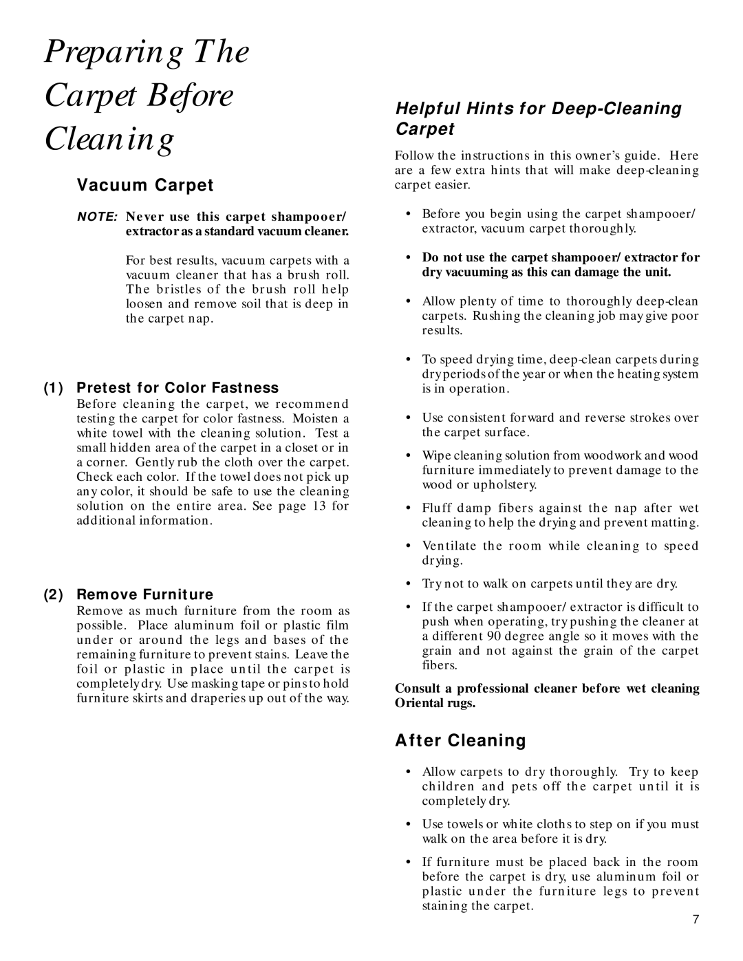 GE 71722 warranty Preparing Carpet Before Cleaning, Vacuum Carpet, After Cleaning 