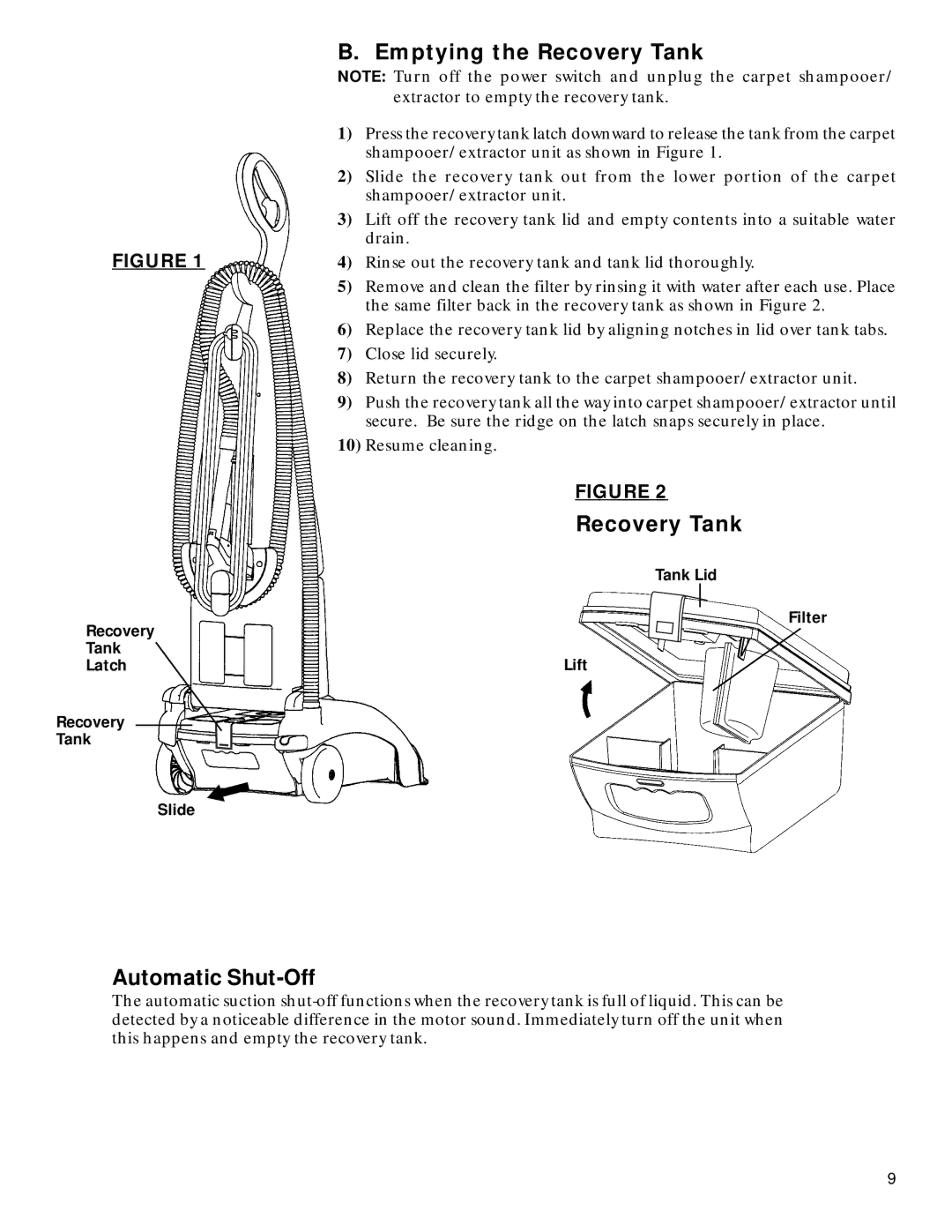 GE 71722 warranty Emptying the Recovery Tank, Automatic Shut-Off 