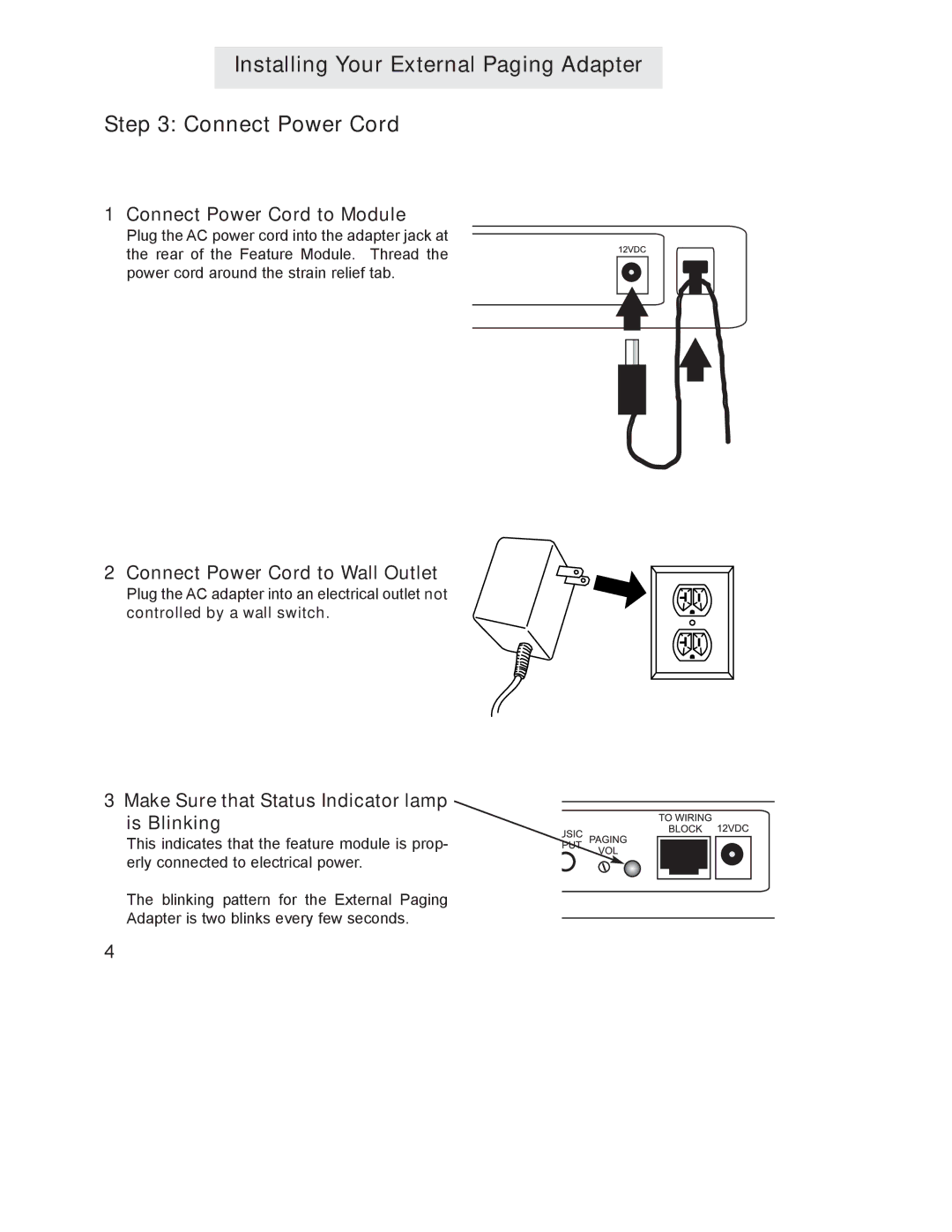 GE 800-EFM manual Installing Your External Paging Adapter Connect Power Cord, Connect Power Cord to Module 