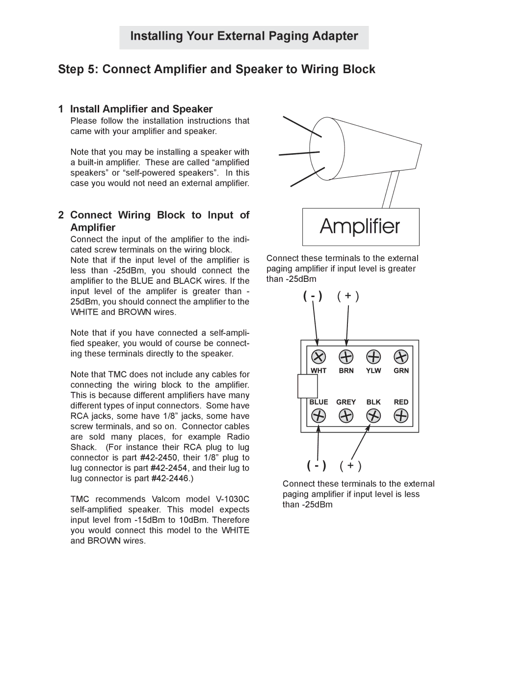 GE 800-EFM manual Install Amplifier and Speaker, Connect Wiring Block to Input of Amplifier 