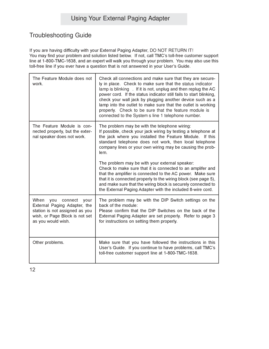 GE 800-EFM manual Using Your External Paging Adapter Troubleshooting Guide 