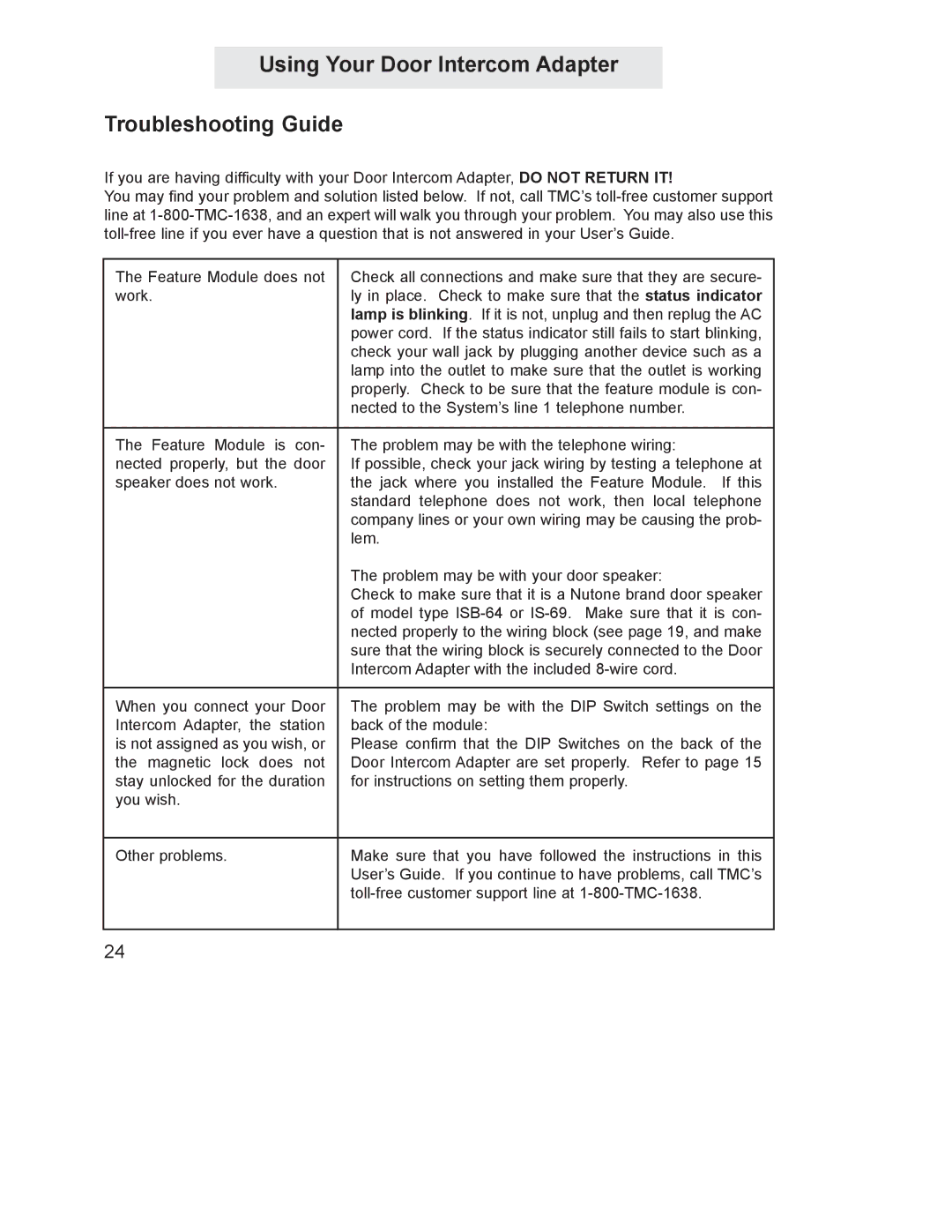 GE 800-EFM manual Using Your Door Intercom Adapter Troubleshooting Guide 