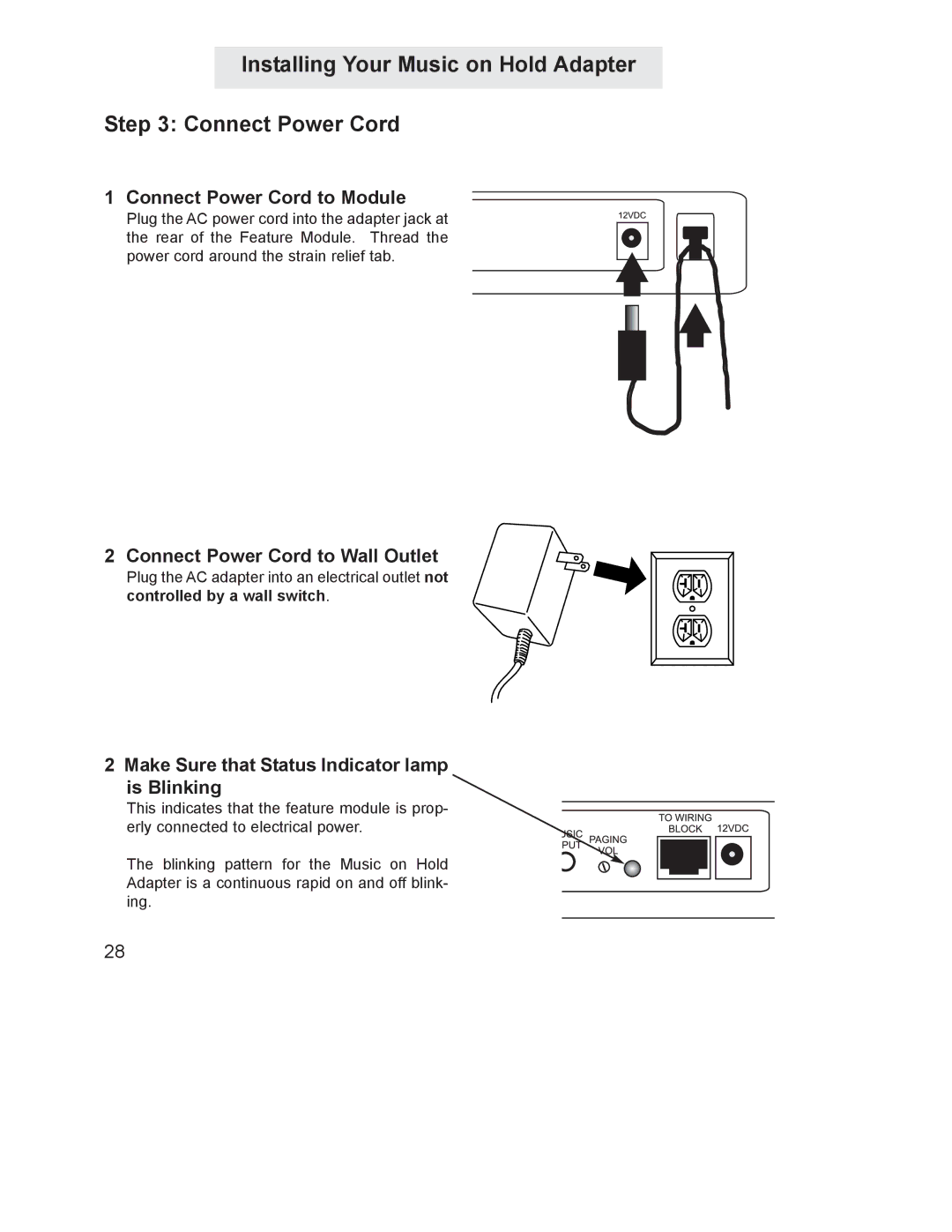 GE 800-EFM manual Installing Your Music on Hold Adapter Connect Power Cord, Connect Power Cord to Module 