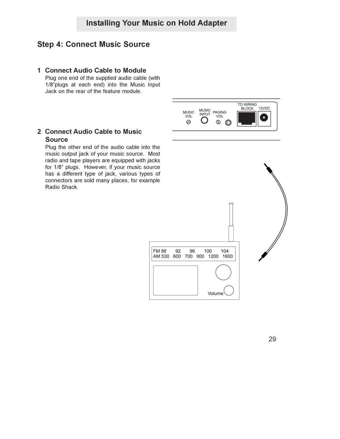 GE 800-EFM manual Installing Your Music on Hold Adapter Connect Music Source, Connect Audio Cable to Module 