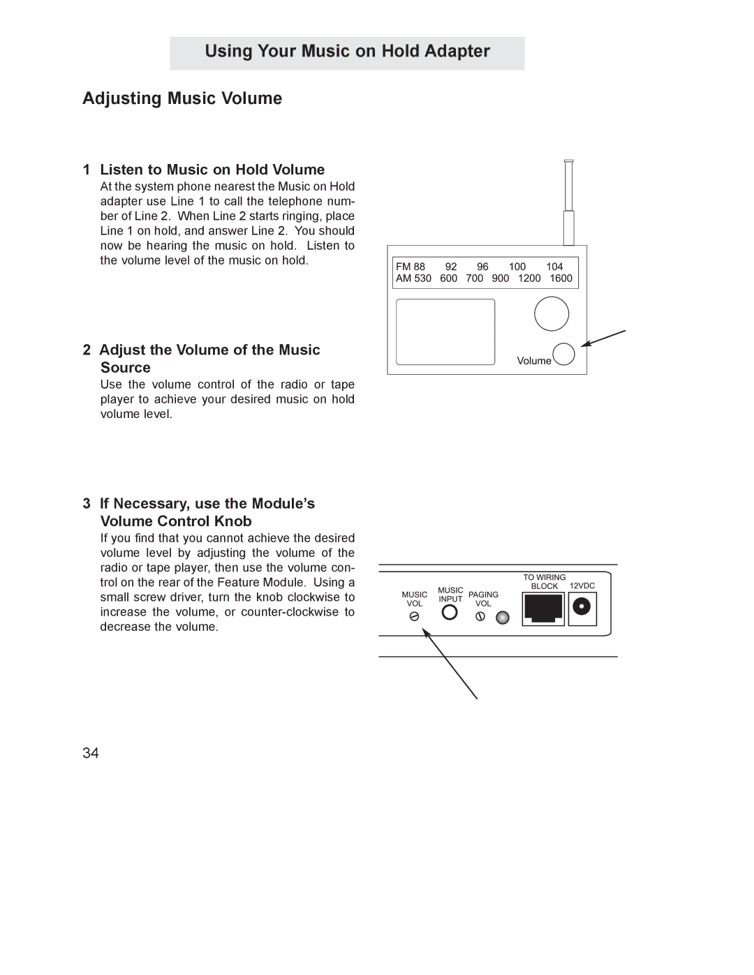 GE 800-EFM manual Using Your Music on Hold Adapter Adjusting Music Volume, Listen to Music on Hold Volume 