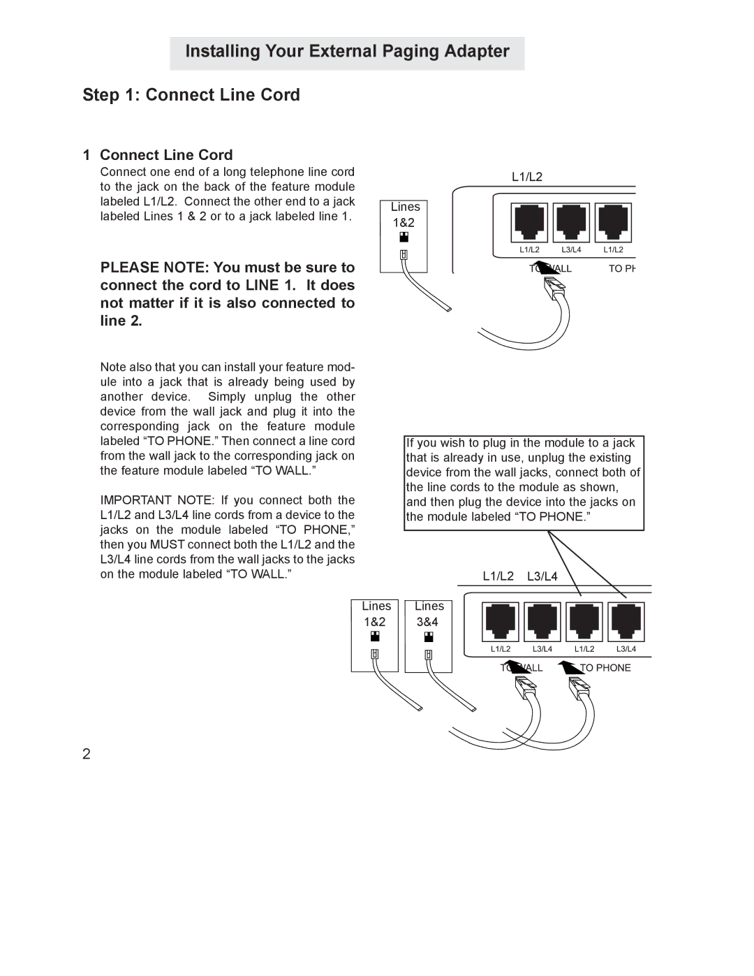 GE 800-EFM manual Installing Your External Paging Adapter Connect Line Cord 