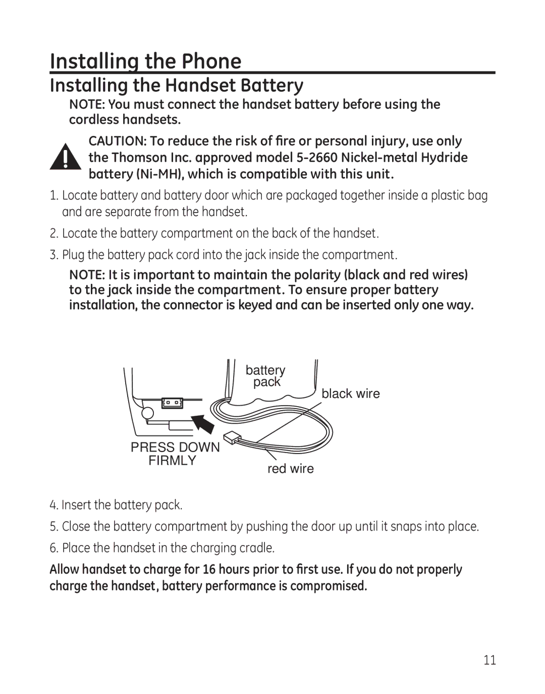 GE 28041xx1, 8011, 28041xx4, 28041xx2, 28041xx3 Installing the Phone, Installing the Handset Battery, Battery Pack Black wire 