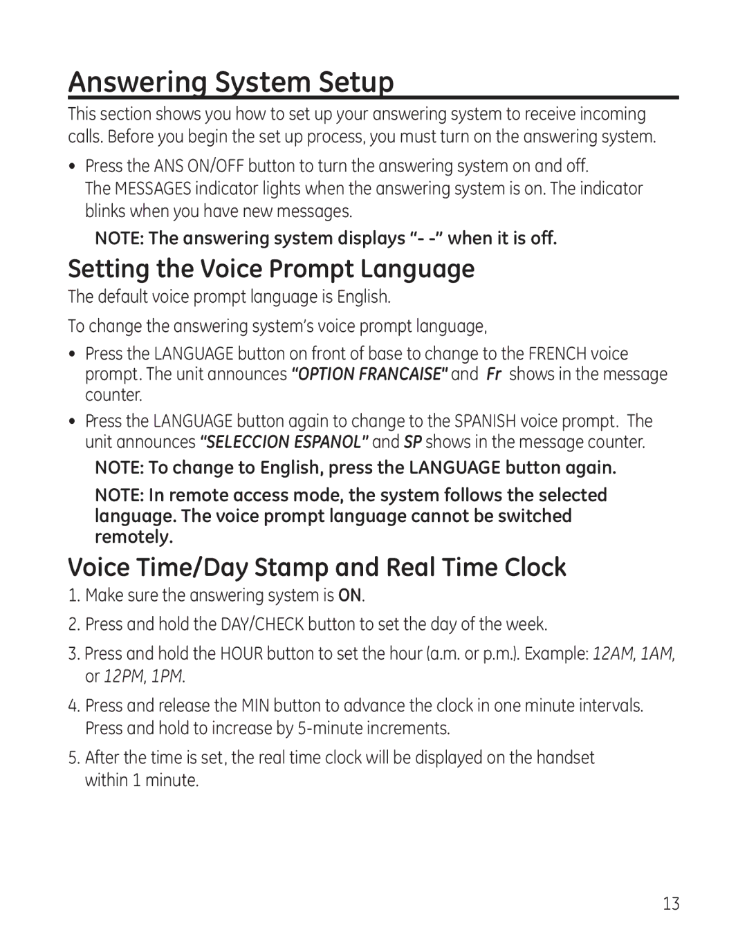 GE 00008005, 8041, 8011 Answering System Setup, Setting the Voice Prompt Language, Voice Time/Day Stamp and Real Time Clock 