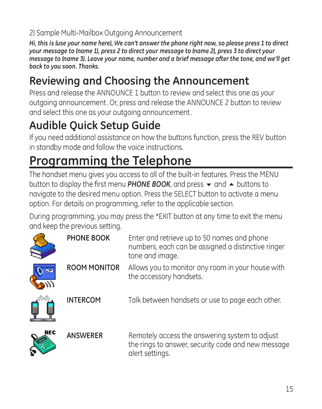 GE 8011, 28041xx4 manual Programming the Telephone, Reviewing and Choosing the Announcement, Audible Quick Setup Guide 